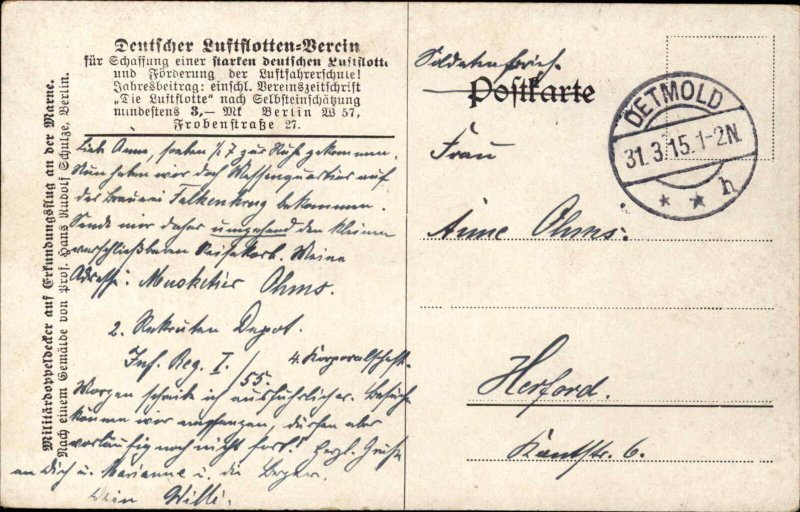 German Airplanes Bombing Biplanes WWI Mailed From Detmold c1915 Postcard