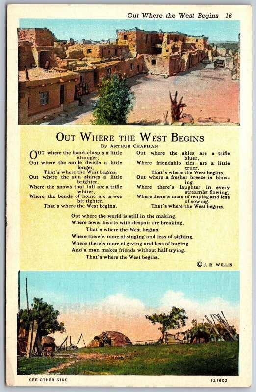 Vtg Arizona AZ Out Where The West Begins Poem Hopi Pueblo Navajo Home Postcard