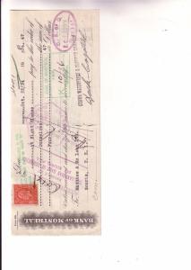 Cancelled Cheque with Canadian Postage Stamp, Bank of Montreal, crown Waterpr...