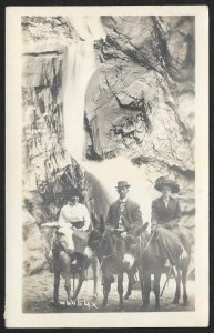 Man & Two Ladies on Mules Seven Falls Colorado Springs Colorado RPPC Used c1912