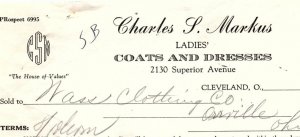 1936 CHARLES S MARKUS LADIES COATS-DRESSES CLEVELAND OHIO BILLHEAD INVOICE Z1390