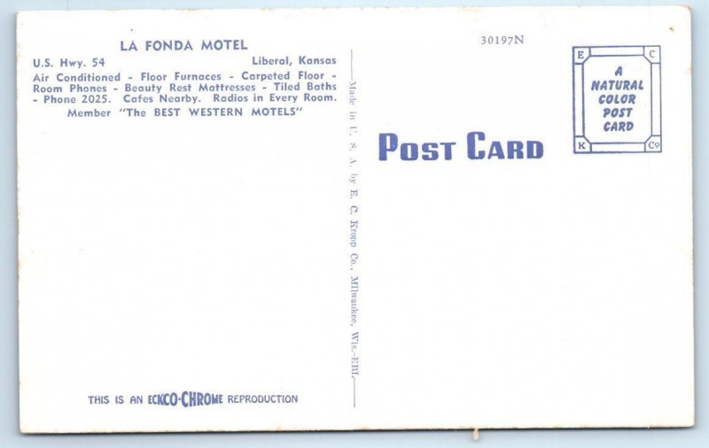 LIBERAL, Kansas KS ~ Roadside LA FONDA MOTEL Seward County c1950s  Postcard