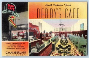 Chamberlain South Dakota SD Postcard Derby's Cafe Duncan Hines Automobile c1940