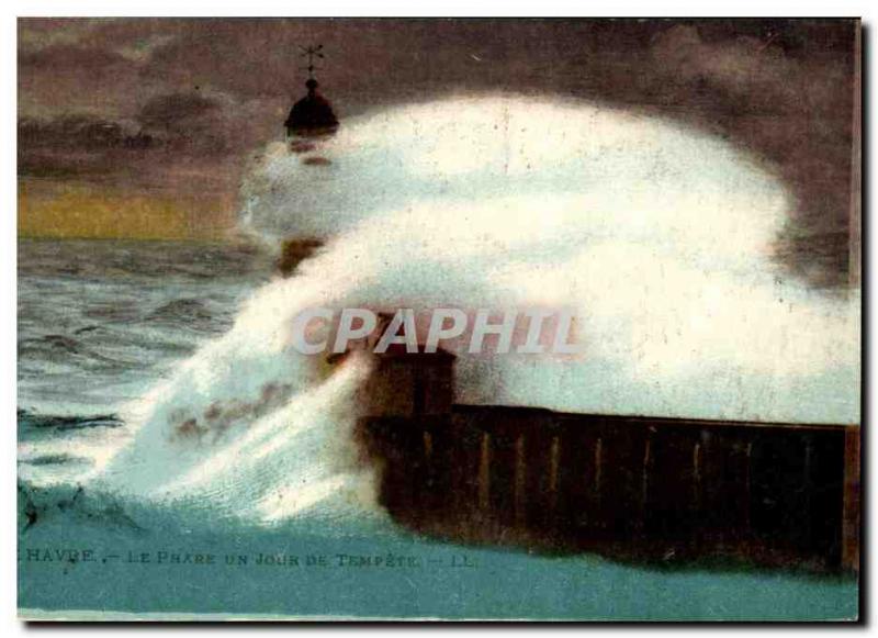 Old Postcard Le Havre Lighthouse Lighthouse one day storm