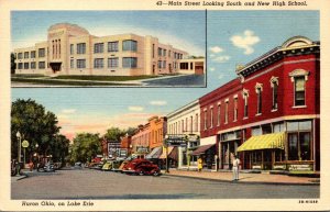 Ohio Huron Main Street Looking South and New High School Curteich