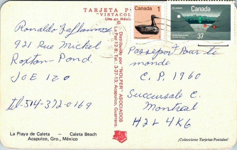 Caleta Beach Acapulco Gro Mexico Boats Swimming Postcard Cancel PM WOB Note VTG 