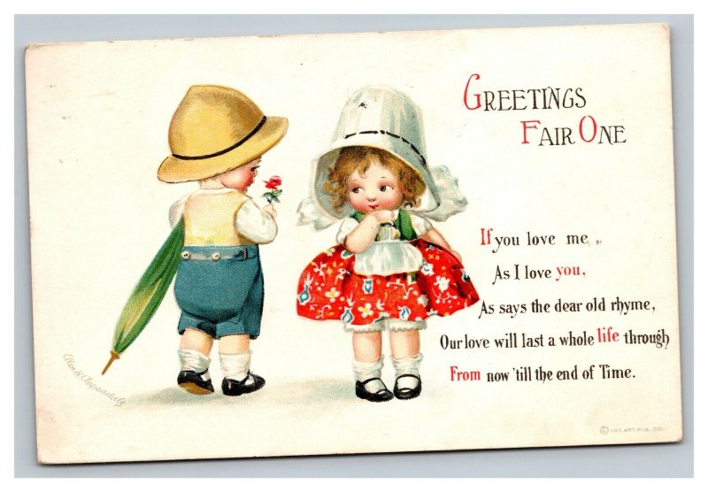 Vintage 1917 Ellen Clapsaddle Greetings Postcard Cute Girl & Boy Nice Poem