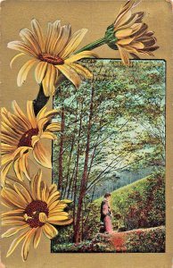 GILT & BEAUTIFUL FLOWER BORDER-WOMAN IN WOODS-1912 THEOCHROM SERIES POSTCARD