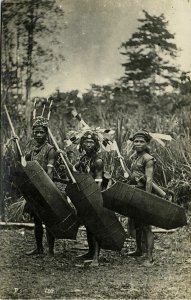 malay malaysia, BORNEO SARAWAK, Native DAYAK Warriors Spear Shield (1910s) RPPC