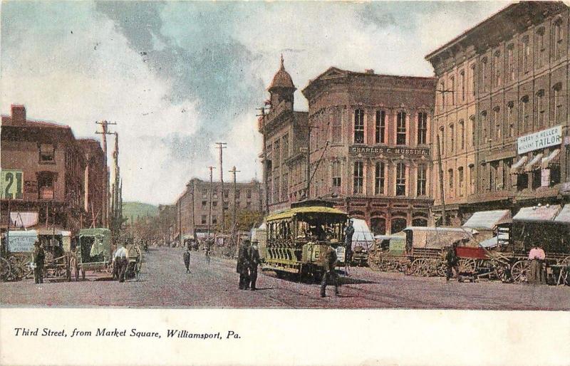 Third Street From Market Square, Williamsport, PA Postcard. Streetcar. Trolley