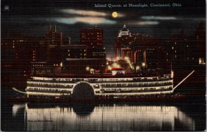 Linen Postcard Island Queen Steamer Under Moonlight in Cincinnati, Ohio