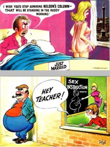 2~Vintage BAMFORTH Risque Comic Postcards JUST MARRIED #65 & SEX EDUCATION #32