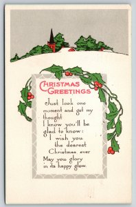 Holiday~Christmas Greetings~Poem~Holly Branch~Snowy Village Church~c1960s PC