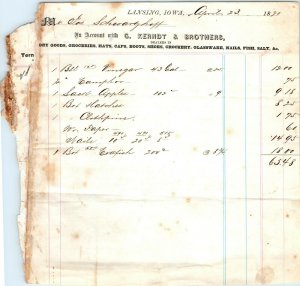 1870 Lansing, Iowa G Kerndt & Brothers Letterhead Dry Goods Invoice Inventory R1