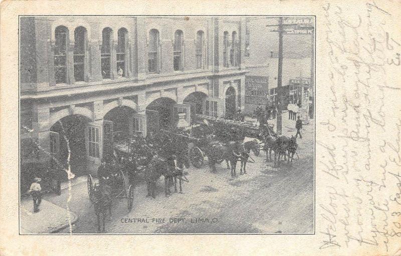 B74/ Lima Ohio Postcard 1907 Fire Department Horse Wagons Fireman Allen Co