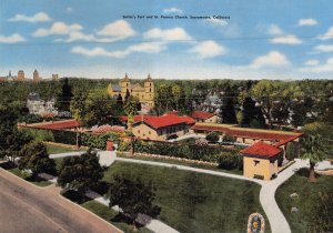 SACRAMENTO CALIFORNIA CA~SUTER'S FORT & ST FRANCIS CHURCH~1950-60 JUMBO POSTCARD