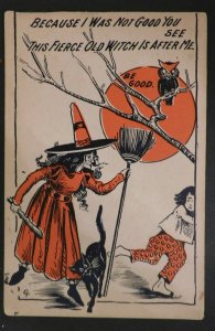 Mint Vintage Halloween Postcard Fierce Old Witch W Broom Black Cat Little Girl 