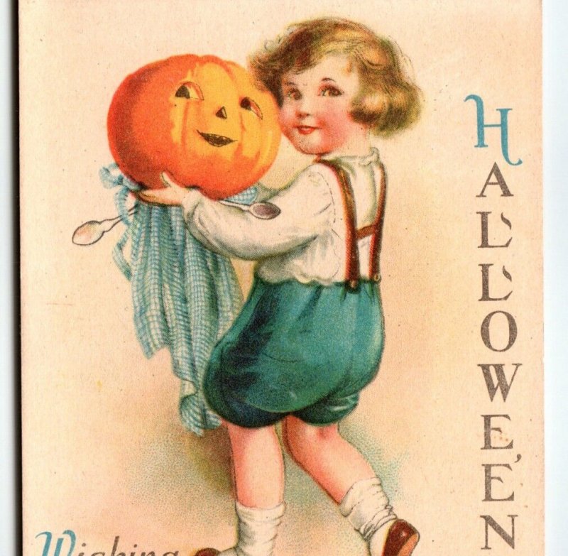 Halloween Postcard Unsigned Ellen Clapsaddle Child With Pumpkin Wolf 21 Antique