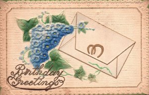 A Happy Birthday Greetings Card Bouquet Blue Flowers Vintage Postcard 1910's