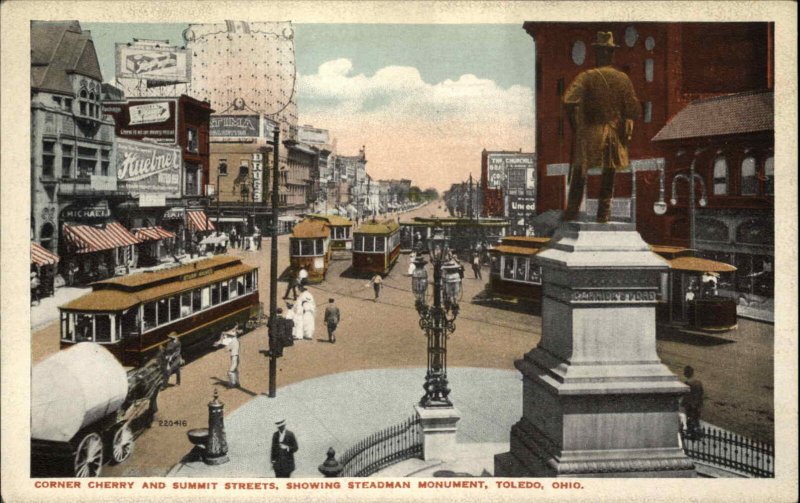 Toledo Ohio OH Street Scene Trolley Streetcar Steadman Monument Vintage Postcard