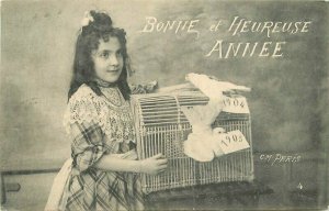 1904 Happy New Year girl Doves birdcage Paris artist impression Postcard 22-4820