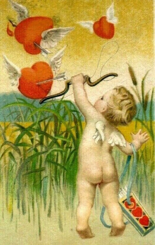 1930s Lovely Cupid Shooting Arrow Flying Hearts Bridge Tally Card F43