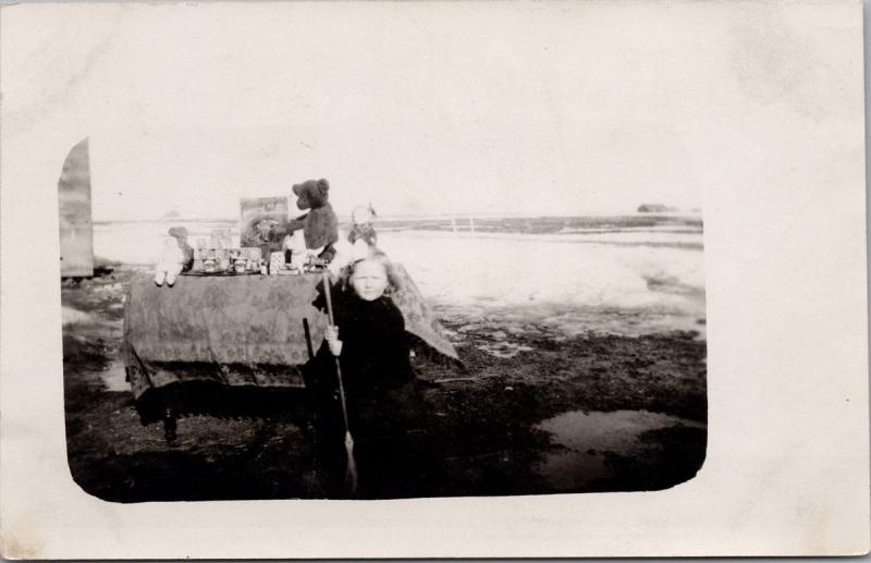 Young Girl with Toys Teddy Bear Child RPPC Real Photo Postcard E35