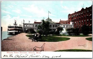 Detroit Michigan, Wayne Hotel Pavilion Building, Ship, Bench, Vintage Postcard