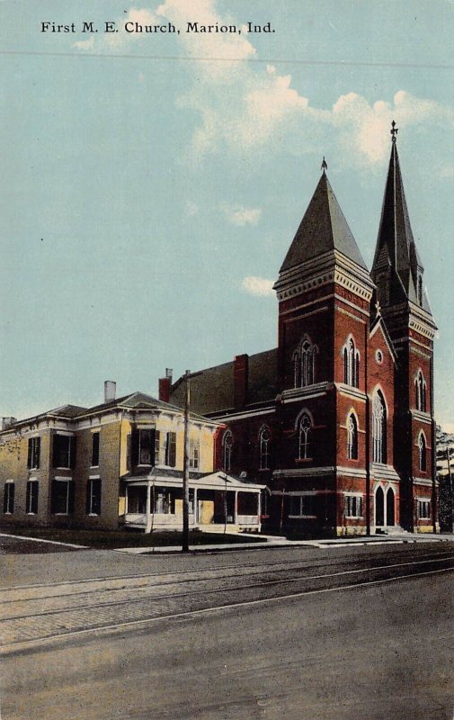 MARION INDIANA~FIRST M E CHURCH-MESSAGE GOING TO 5 CENT SHOW~1910 POSTCARD
