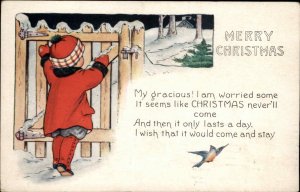 Whitney Christmas Little Boy at Fence in Snow c1910 Vintage Postcard