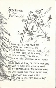 Sun Valley Idaho Falling Skier Tricky Stick Here Comes Tree Sketch Postcard U5