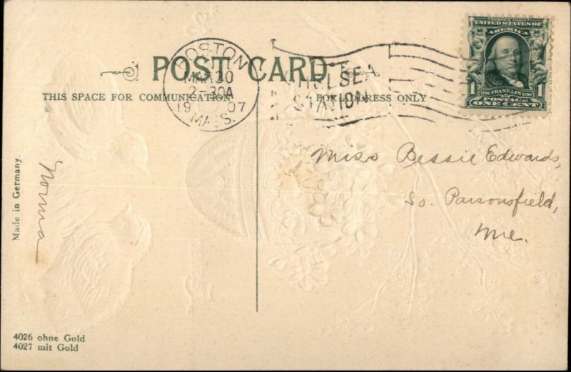 Easter - Chicks Egg Basket on Branch Gilt Embossed c1910 Postcard