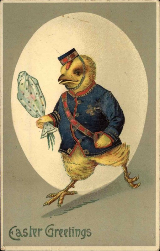 Easter Fantasy Chick Dressed as Bellhop c1910 Postcard Gel Coating