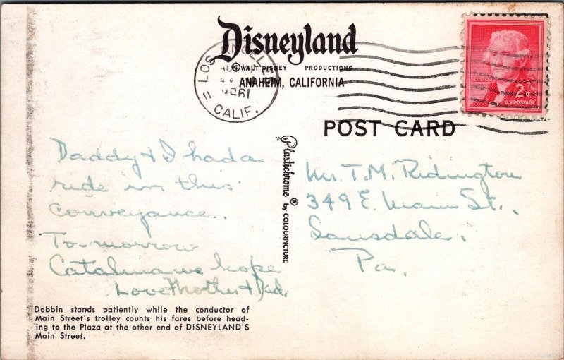 Postcard Disneyland 1961 Main Street Dobbin Stand Patiently Trolley