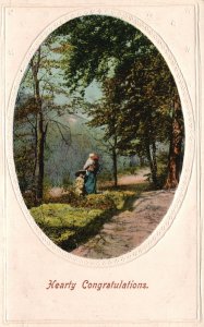 Vintage Postcard Hearty Congratulations Mother and Kids Hike in Forest Greetings