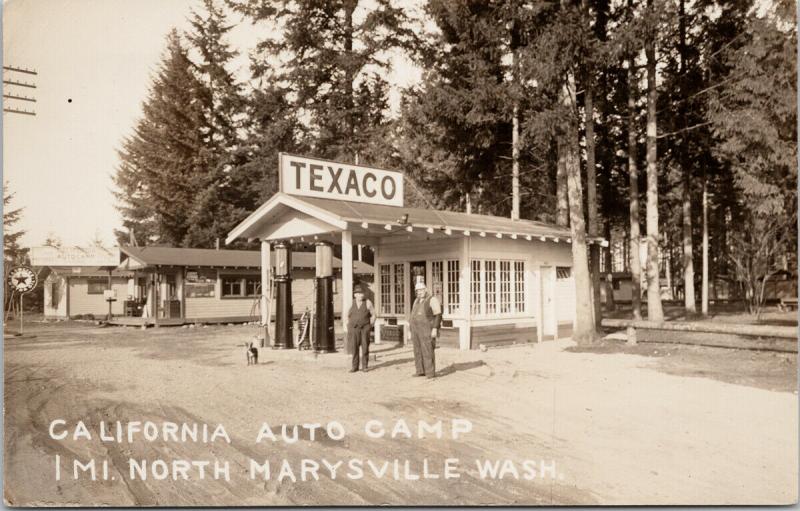 Marysville WA California Auto Camp Texaco Gas Dog Veedo c1929 RPPC