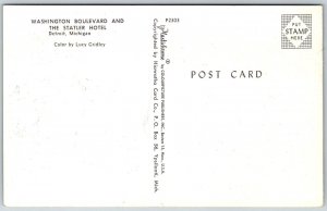 Detroit Michigan 1950s Postcard Washington Boulevard & The Hotel Statler