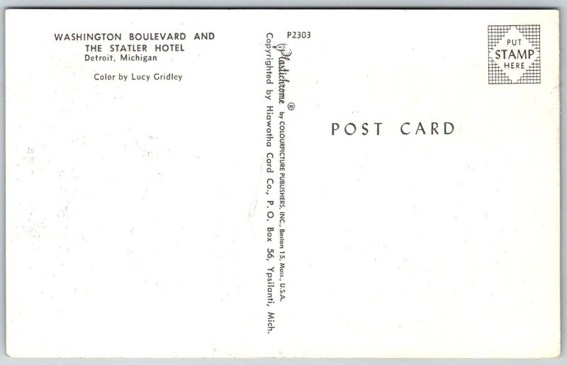 Detroit Michigan 1950s Postcard Washington Boulevard & The Hotel Statler