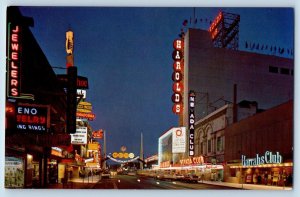 Reno Nevada Postcard Colorful Night View Casino Row Virginia Street 1964 Vintage
