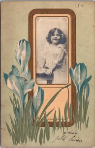 Art Nouveau Flowers Girl Portrait Vintage Embossed Postcard 02.98