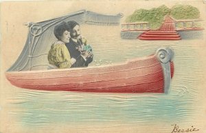 1907 Unusual RPPC & Embossed Airbrush Postcard Loving couple in Boat, posted