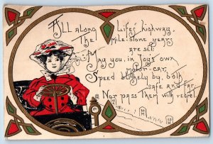 HBG Postcard Woman Riding Motor Car Embossed Omaha Nebraska NE 1909 Antique