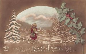 BR73980 bonne annee girl with gifts mistletoe france new year