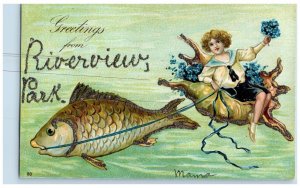 Riverview Park AZ Postcard Greetings Girl Flowers Big Fish Glitter Fantasy
