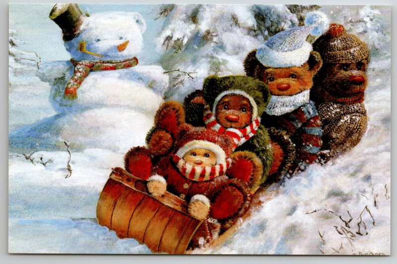 FUNNY TEDDY BEARS sledding Snow Winter Snowman by Bindon New Unposted Postcard