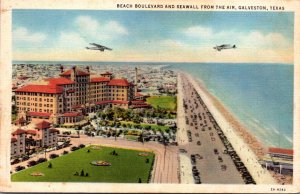 Texas Galveston Beach Boulevard and Seawall From The Air Curteich