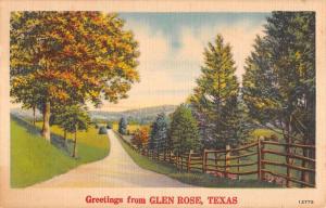 Glen Rose Texas Greetings Autumn Roadway Linen Antique Postcard K23036