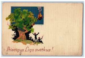 1941 Summer Solstice Holiday Trees Fire Latvia Posted Vintage Postcard