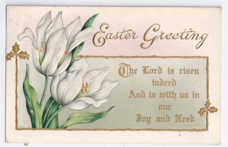 Vintage Easter Postcard White Tulips w Gold Embossed Whitney