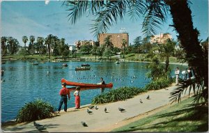 Los Angeles CA MacArthur Park Wilshire Blvd Red Canoe 1960s Vintage Postcard H20